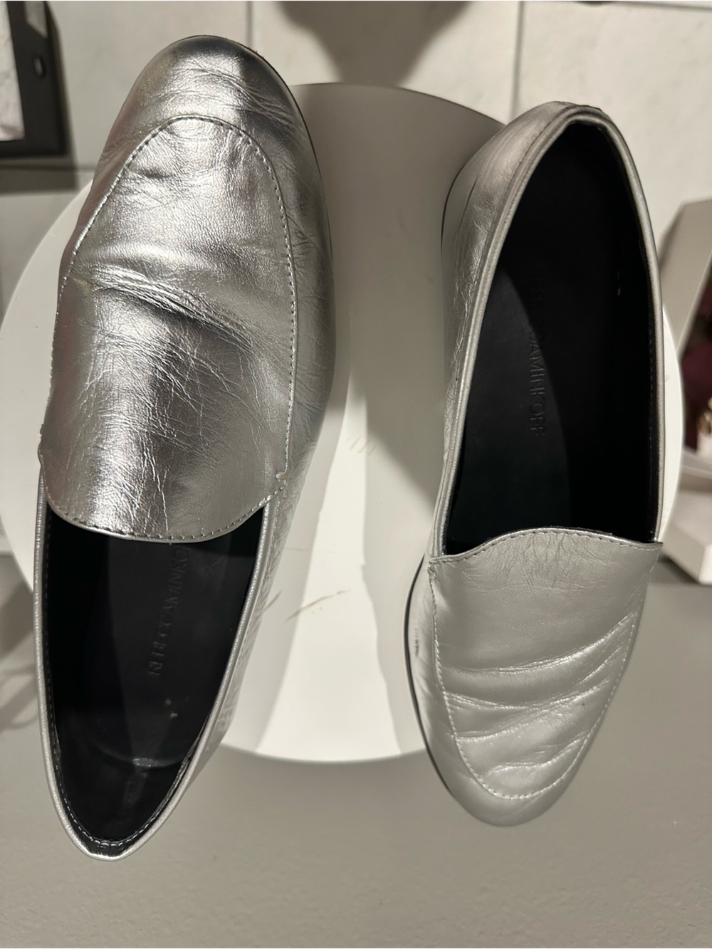 Metallic Silver Leather Loafers